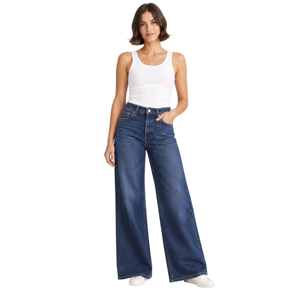 Quince Bella Stretch High Rise Wide Leg Jeans Midnight Blue Size 27 30" Inseam